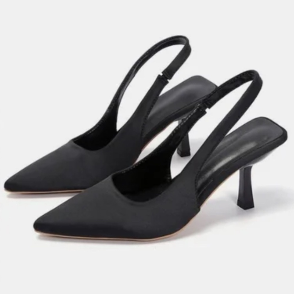 New Black PU Leather Pointy Toe Slingback Kitten Heel Pumps 4.5